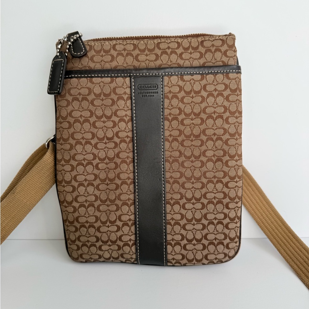 Coach logo Tan and Brown Canvas Leather Messenger Crossbody Bag
